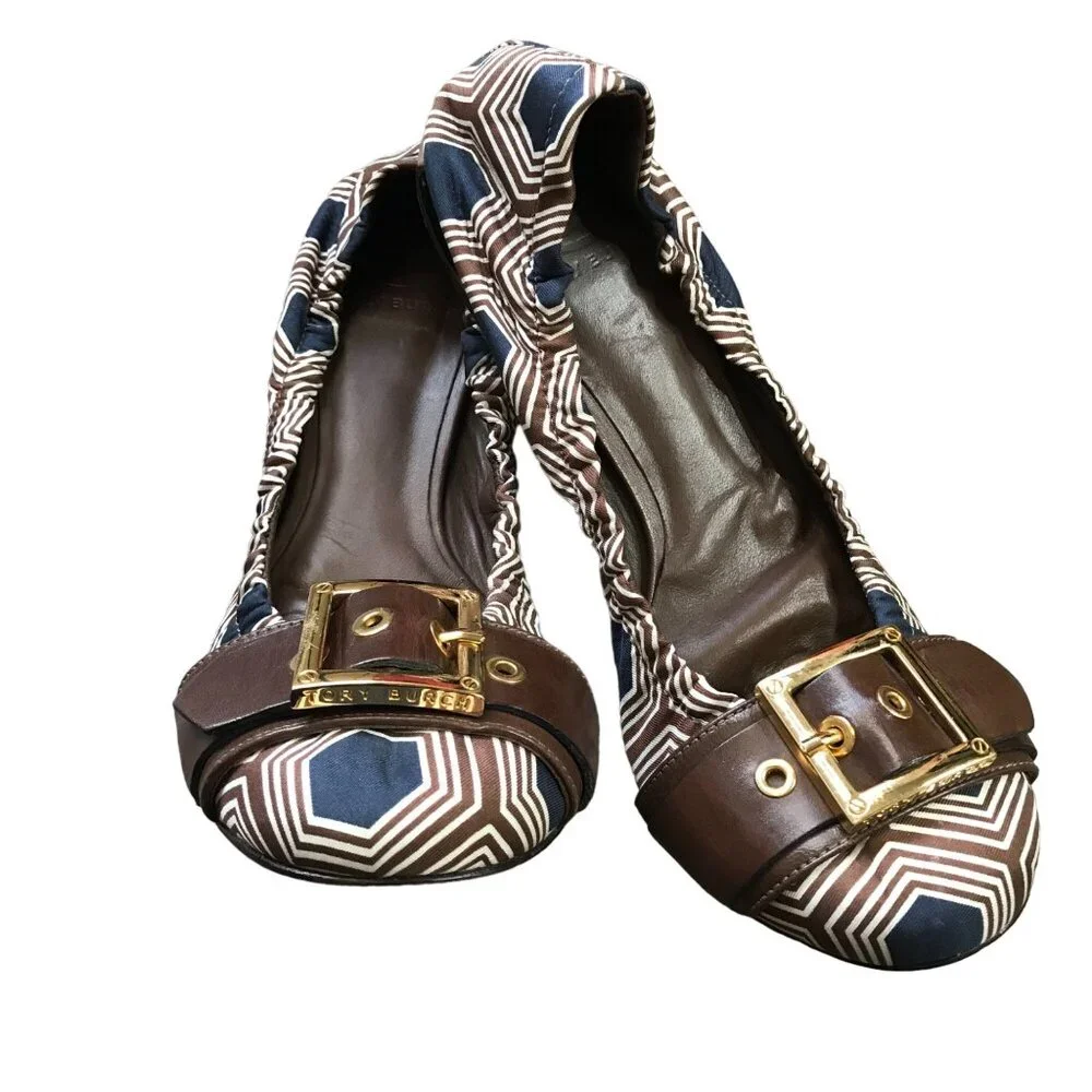 Tory Burch Geometric Ballet Flats Women's Size 7B Satin Leather‎ Slip On Shoes